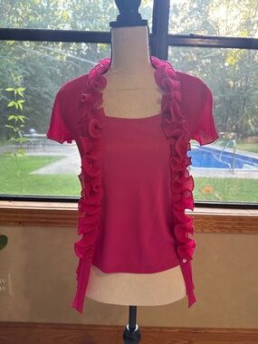 Investments Bright Fuchsia Ruffle-Trim Short Sleeve Blouse